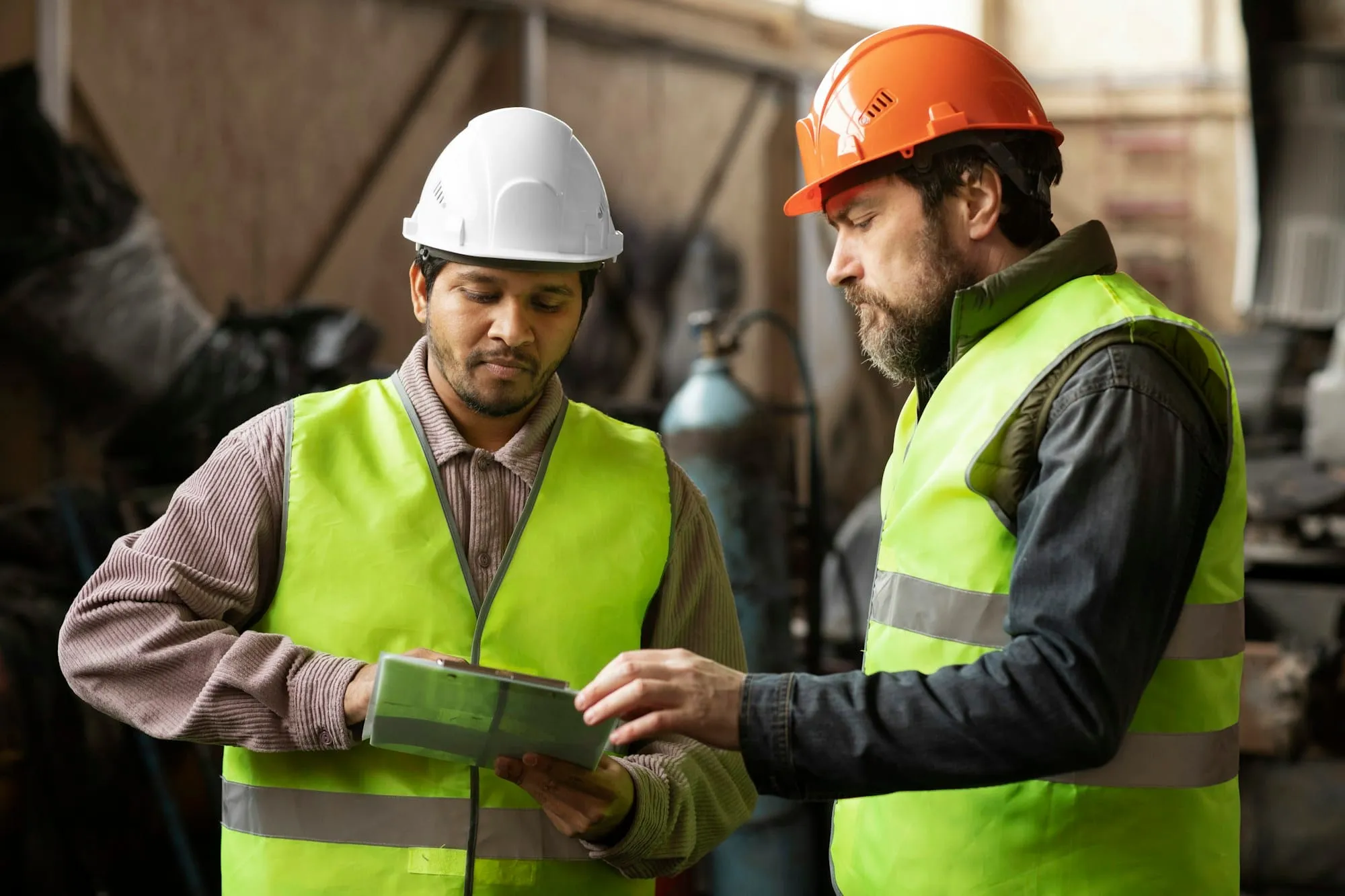 Two workers in hard hats and high-visibility vests reading a tablet together